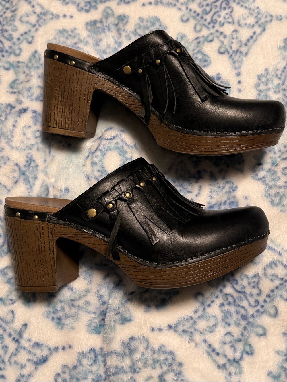 Dansko Black Leather Fringe Clog Mules with Brown Wood-Look Heel
